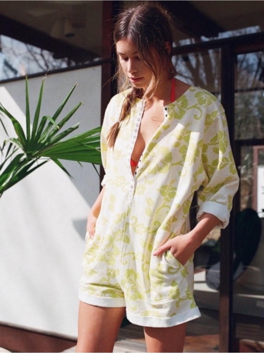 Out From Under UO Peggy Small Romper Beach Green Tropical Cotton Front Snaps - Picture 1 of 4